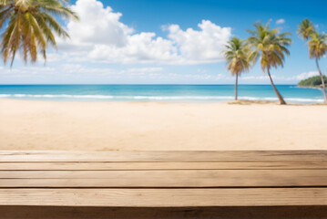Empty Wooden Table With Blur Beach And Sea On background. Sunny tropical exotic Caribbean paradise beach