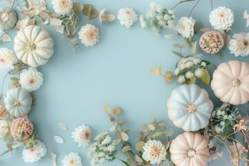 Trendy minimalist banner for Thanksgiving and Halloween, featuring pastel pumpkins and flowers with ample copy space
