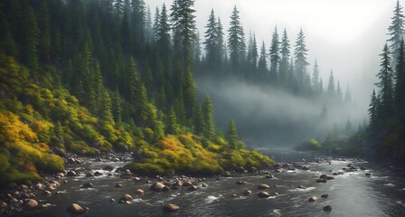 A river running through a forest with fog in the background. The trees are tall and green, and there are rocks along - obrazy, fototapety, plakaty
