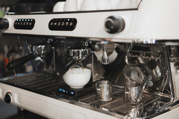 Preparing Fresh Americano With a Modern Espresso Machine in a Cafe Setting