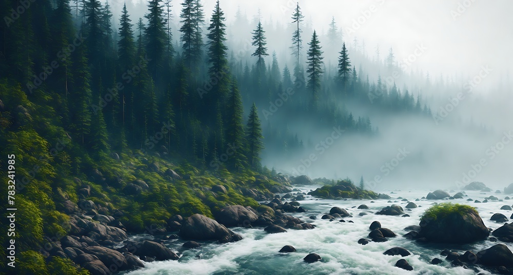 Wall mural a river flowing through a dense forest with tall trees on either side.