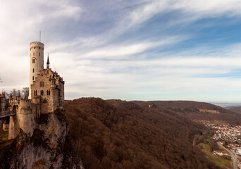 Panorama of the Honau valley in the low Swabian Albian mountain range. On the left is Lichtenstein Castle
