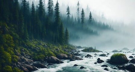 A river flowing through a dense forest with tall trees on either side.