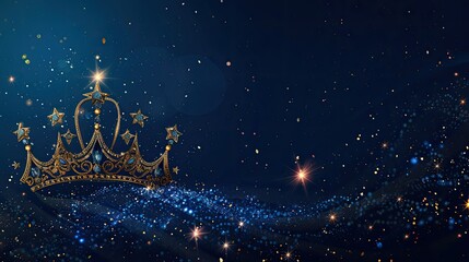 banner background International Beauty Pageant Day theme, and wide copy space, Simple outline of a tiara surrounded by stars on a dark background, symbolizing glamour, for banne