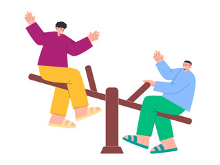 two young man smile expression playing seesaw fun enjoy leisure activity