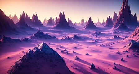 A 3D rendering of a rocky landscape with mountains in the background. - obrazy, fototapety, plakaty