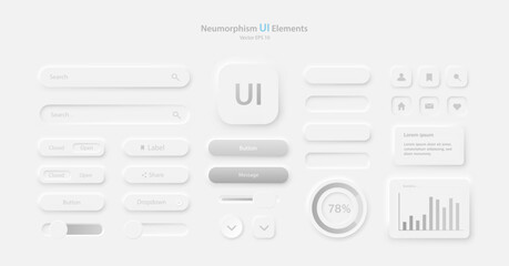 A collection of icons for user interface development in white and gray. A set of user interface elements for a mobile application. Buttons for mobile devices in the style of neumorphism, UI, UX