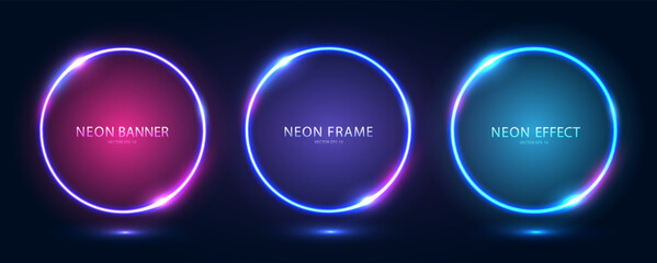 A set of three round neon frames with shining effects and highlights on a dark blue background. Vector EPS 10.