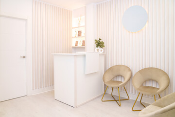 A clean, minimalist interior design of a contemporary hair clinic.