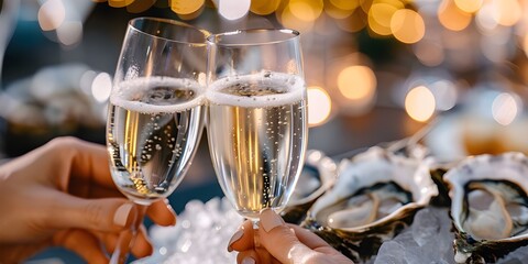 an elegant seafood soirée with images of freshly shucked oysters served on ice beds alongside flutes of bubbly champagne - obrazy, fototapety, plakaty