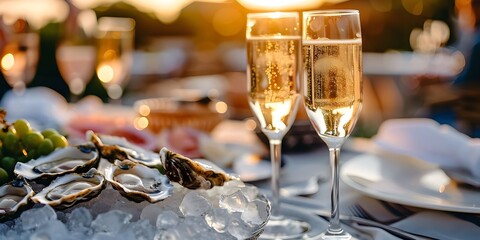an elegant seafood soirée with images of freshly shucked oysters served on ice beds alongside flutes of bubbly champagne - Powered by Adobe