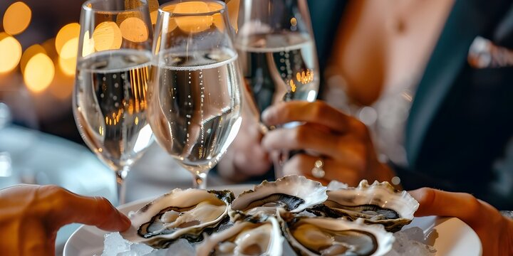 an elegant seafood soirée with images of freshly shucked oysters served on ice beds alongside flutes of bubbly champagne