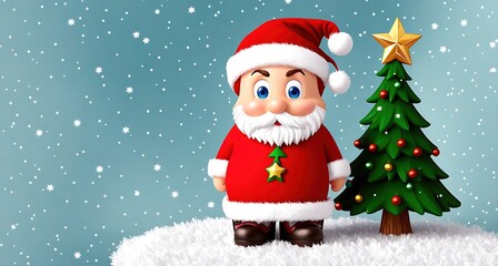 Fototapeta na wymiar A cartoon character standing next to a Christmas tree.