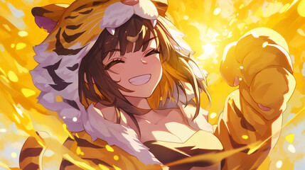 Linda mulher com fantasia de tigre no estilo anime 