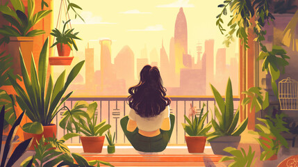 Mulher na varanda de sua casa olhando a paisagem - Ilustração