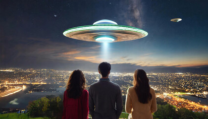 View of people watching UFOs arrive at night time. - 783243359