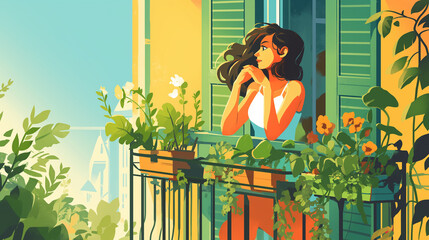 Mulher na varanda de sua casa olhando a paisagem - Ilustração