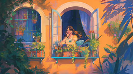 Mulher na varanda de sua casa olhando a paisagem - Ilustração - obrazy, fototapety, plakaty