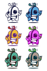 set of colorful ghosts making horns with fingers