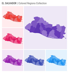 Republic of El Salvador map collection. Country shape with colored regions. Deep Purple, Red, Pink, Purple, Indigo, Blue color palettes.