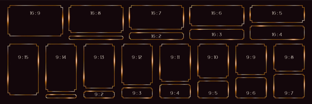 set gold line frames of rectangular shape, thin luxury borders in art deco style, different formats