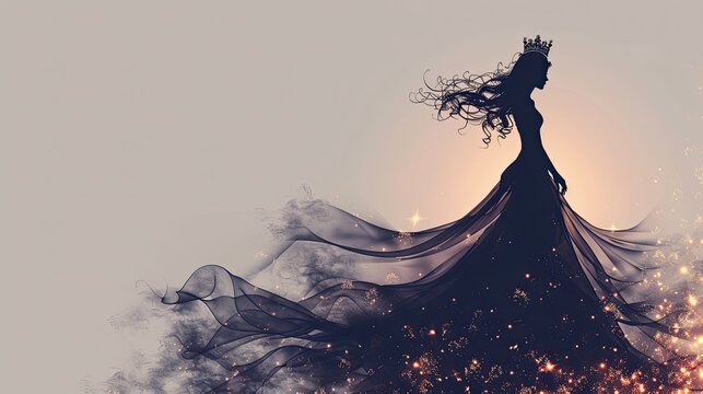 banner background International Beauty Pageant Day theme, and wide copy space, Silhouette of a woman in a flowing dress with a crown above her head, set against a plain backdrop