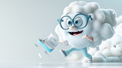 A cheerful cloud character with blue glasses, papers, and a binder dashes energetically. - obrazy, fototapety, plakaty