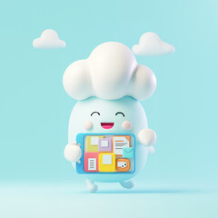 An animated cloud character holding colorful app icons.