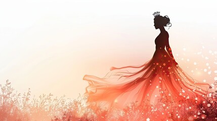 banner background International Beauty Pageant Day theme, and wide copy space, Silhouette of a woman in a flowing dress with a crown above her head, set against a plain backdrop