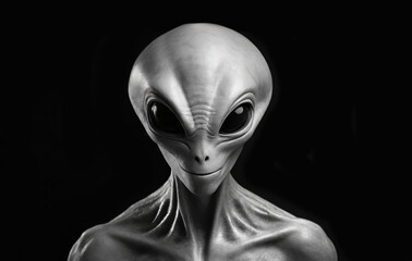 Black and white realistic portrait of a grey alien on a black background. - 783244501