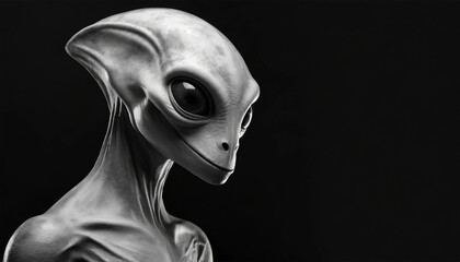 Black and white realistic portrait of a grey alien on a black background.