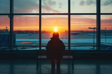 As sun sets, man waits for flight under window in an airport terminal hall AI Generative - obrazy, fototapety, plakaty