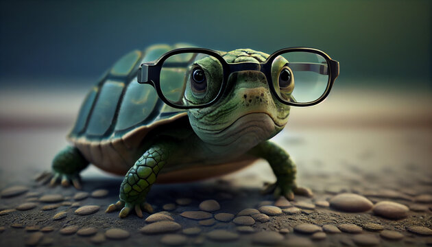 Funny turtle wearing sunglasses in studio with a colorful and bright background. front view background, Ai generated