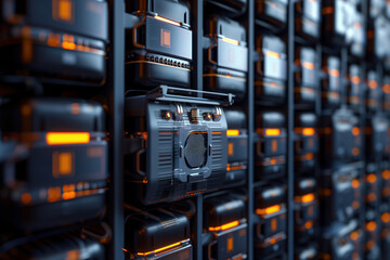 Supply electricity many batteries modules pack as backup power in data center at server room AI Generative