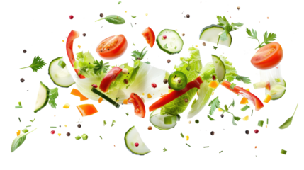 A splash of fresh vegetable salad. Vegetarianism, vitamins, healthy nutrition, diet. dynamic composition isolated on transparent background