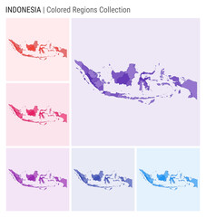 Indonesia map collection. Country shape with colored regions. Deep Purple, Red, Pink, Purple, Indigo, Blue color palettes. Border of Indonesia with provinces for your infographic. Vector illustration.