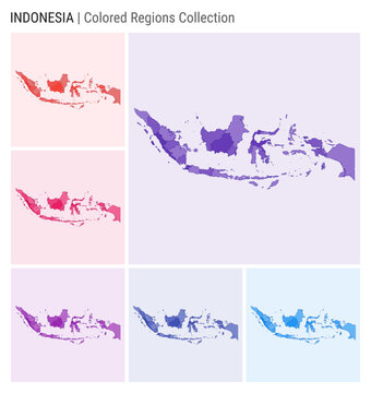 Indonesia map collection. Country shape with colored regions. Deep Purple, Red, Pink, Purple, Indigo, Blue color palettes. Border of Indonesia with provinces for your infographic. Vector illustration.