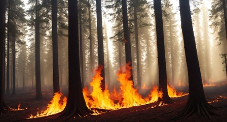 A forest fire burning in the woods.