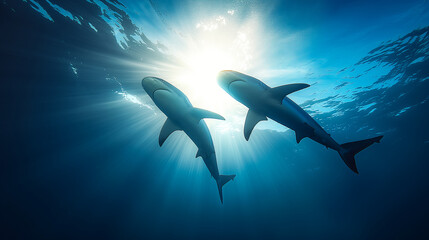 Obraz premium Shark Silhouette Swimming in Blue Ocean