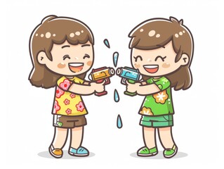 The adorable kids in floral shirt and shorts with short hair holding a water gun are playfully spraying water at two people, Generated by AI