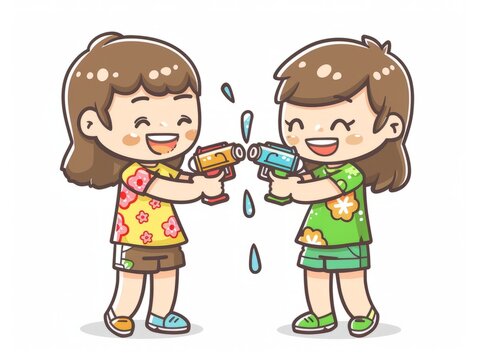 The adorable kids in floral shirt and shorts with short hair holding a water gun are playfully spraying water at two people, Generated by AI