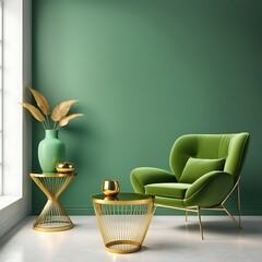 Grey green living room. Lounge area chair with an accent gold table and décor. Empty painted wall blank as background. Modern interior design room home or hotel. 3d rendering