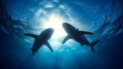 Shark Silhouette Swimming in Blue Ocean - obrazy, fototapety, plakaty