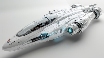 A modern spaceship, with a design ahead of its time, captured in mid-hover against a clean white...