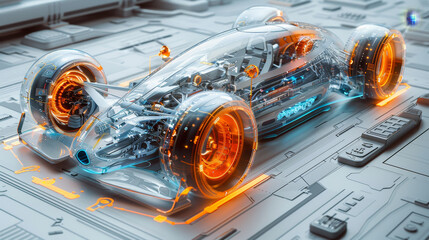 A sleek, cutting-edge futuristic car showcased on a digital computer screen, embodying innovation...