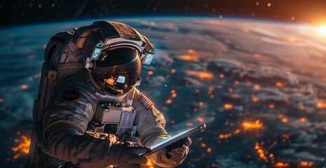 A man in a space suit is holding a tablet in front of a starry sky. Concept of wonder and adventure, as the astronaut is exploring the vastness of space - obrazy, fototapety, plakaty