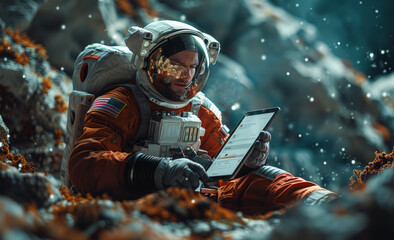 A man in a spacesuit is sitting on the ground and looking at a tablet. The image has a futuristic and adventurous vibe, with the man's suit