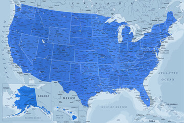 United States - Highly Detailed Vector Map of the USA. Ideally for the Print Posters. Blue Spot Relief Topographic - obrazy, fototapety, plakaty