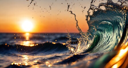 A wave crashing on the shore at sunset, with the sun setting in the background. - Powered by Adobe