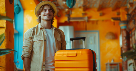 A man is holding a large orange suitcase and smiling. Concept of excitement and anticipation for a trip